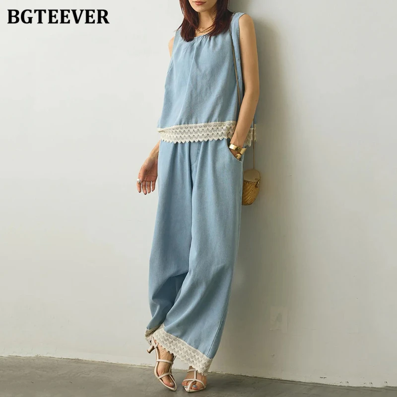 

BGTEEVER Casual Loose Women 2 Pieces Sets O-neck Sleeveless Patchwork Vests & Wide Leg Trousers Summer Ladies Denim Outfits