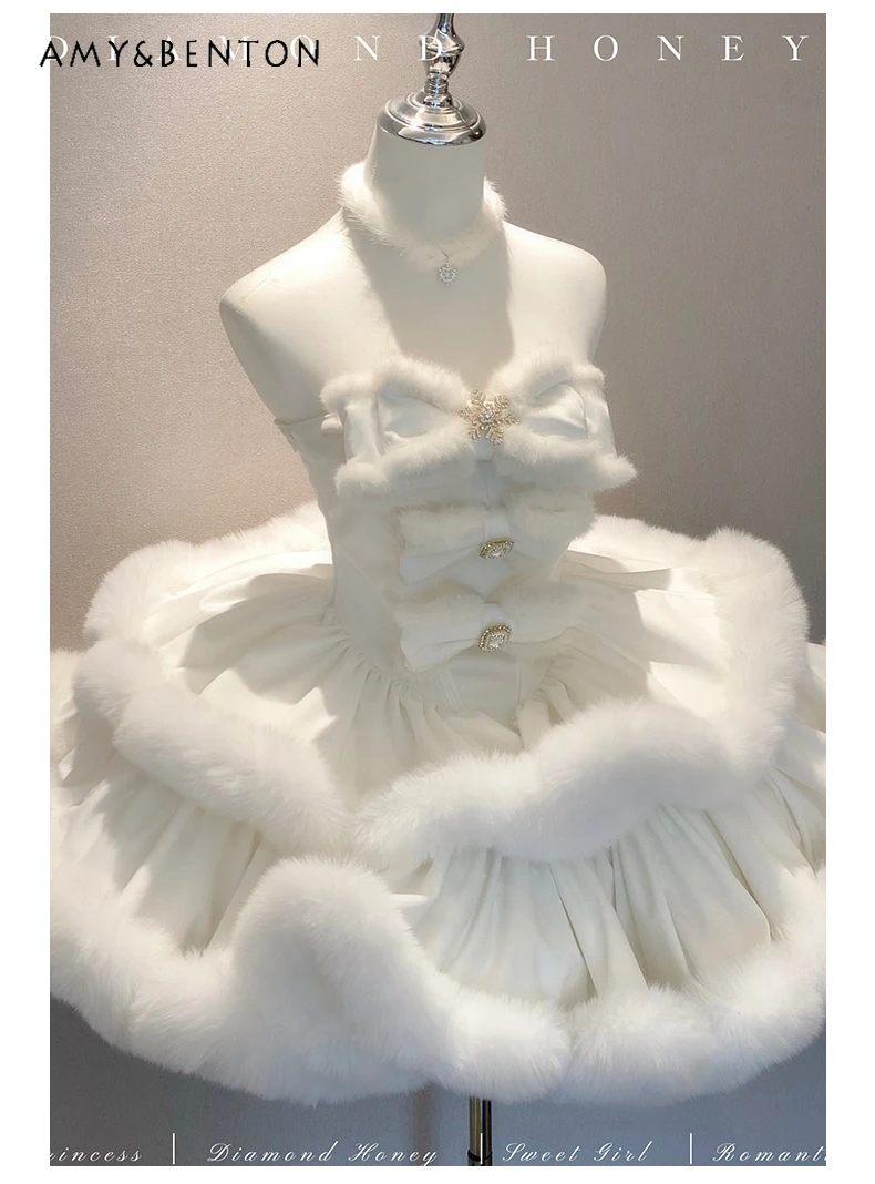 Romantisches Prinzessinnenkleid, Weihnachts-Abendkleider, Herbst-Winter, neues süßes Mädchen, schulterfrei, schmale Passform, mehrschichtiges Plüschkleid