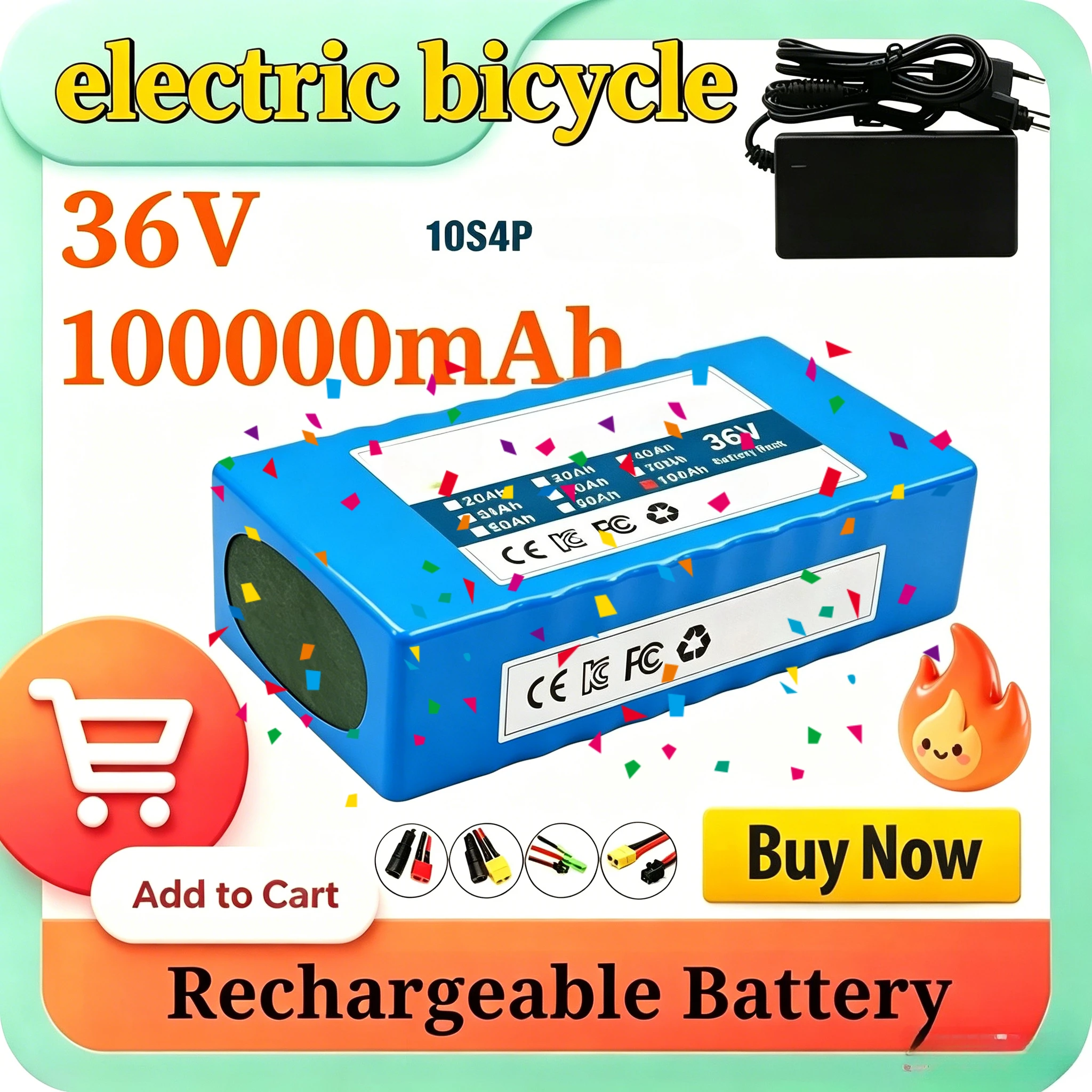 

10S4P 18650 Lithium Battery Pack 36V 100000mAh Built-in BMS Protection Board 500W 1000W Power Storage Battery