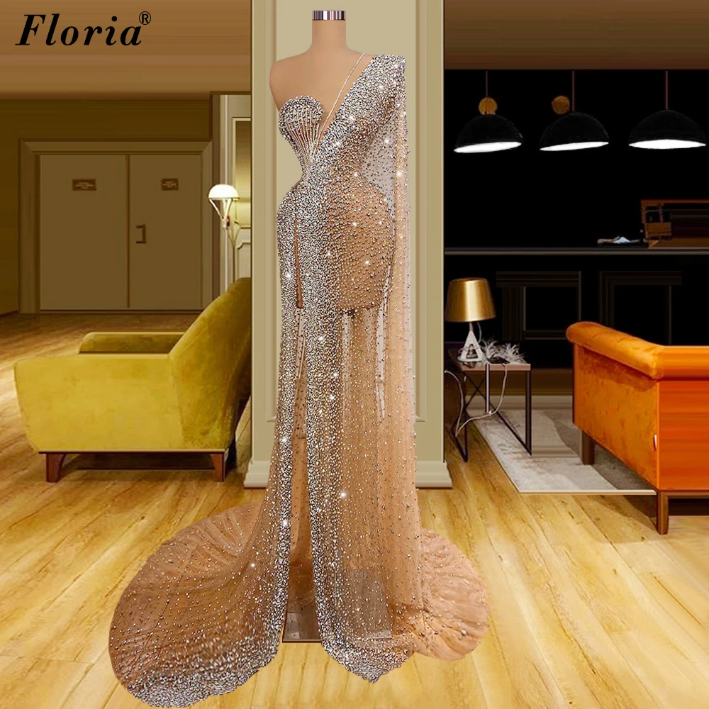 

Heavy Handmade Beaded Evening Dresses Sparkly One Shoulder Dubai Evening Gowns Vestido Festa Luxo Luxury Celebrity Dresses