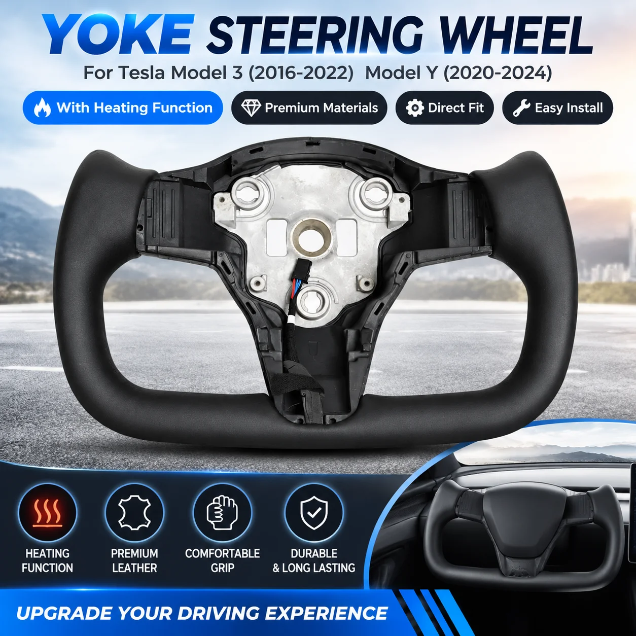 For Tesla Model 3 Model Y Yoke Steering Wheel 16-22 20-24 Heated Black Driver Side Replacement Sport Style Leather Durable Direct Fit Easy Install Car Interior Upgrade Comfortable Grip OEM Replacement Part With Heating Function Premium New Kit Set Pro