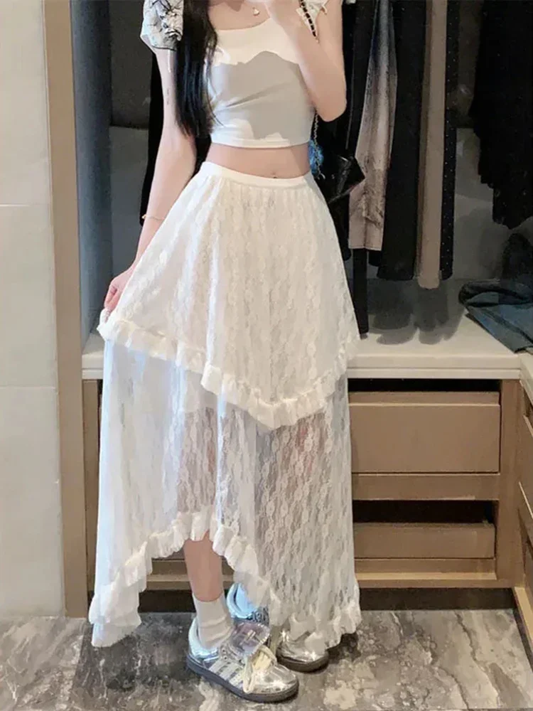 

New Korean Retro Academy Style High Waist Irregular Ruffle Edge Mid Length Half Skirt Women Y2K Sweet Lace Asymmetric Half Skirt