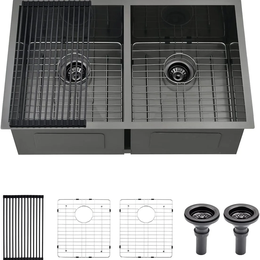 

Black Stainless Steel Undercounter Double Sink 30x20x10 Nano Stainless Steel Kitchen Sink with Accessories