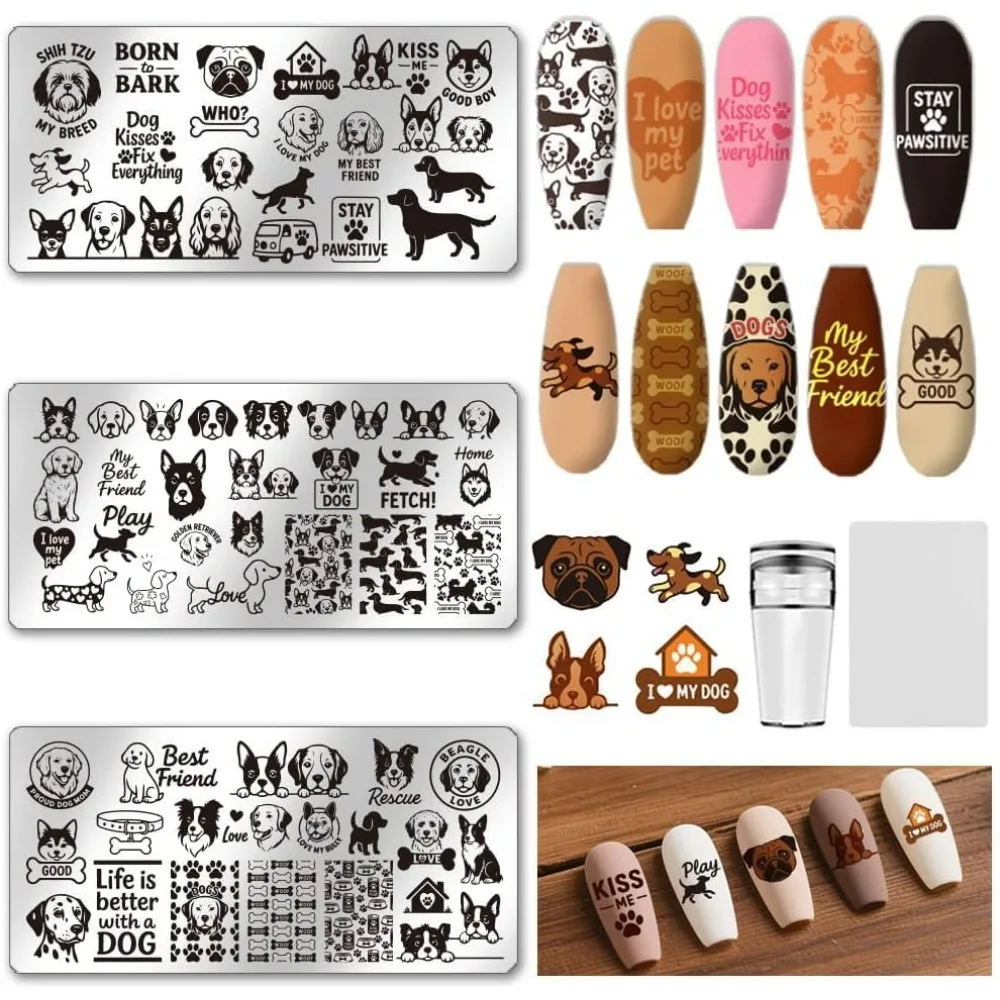 3Pcs Cute Dog Nail Stamp Plates Set Pets Animals Nail Stamping Plate Puppy Love Image Nail Stencils Dog Paws Design Nail Art