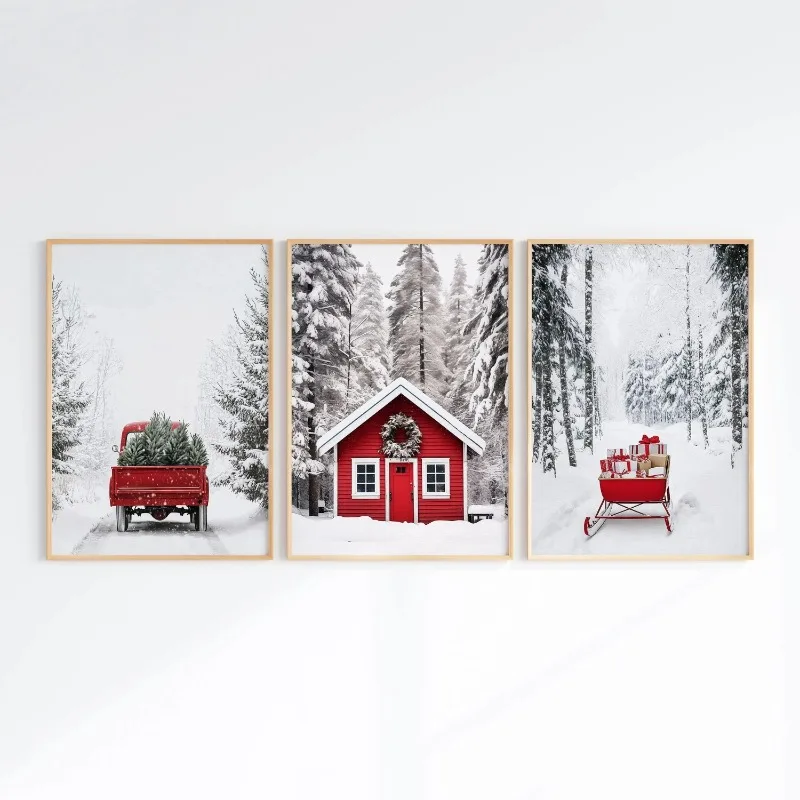 Winter Christmas 3Pcs Canvas Wall Art, Red Truck Cabin Sleigh Snowy Forest Prints Rustic Xmas Farmhouse Home Wall Decor Unframed
