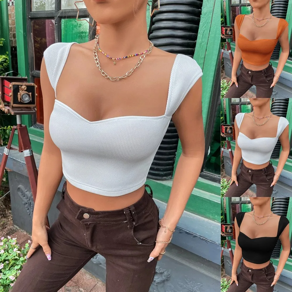 Slim Square Collar Ultra Short Sleeveless T-shirt Vest Top Women Polyester Tops Sem Mangas Vetement Femme Tendance Roupa Mulher