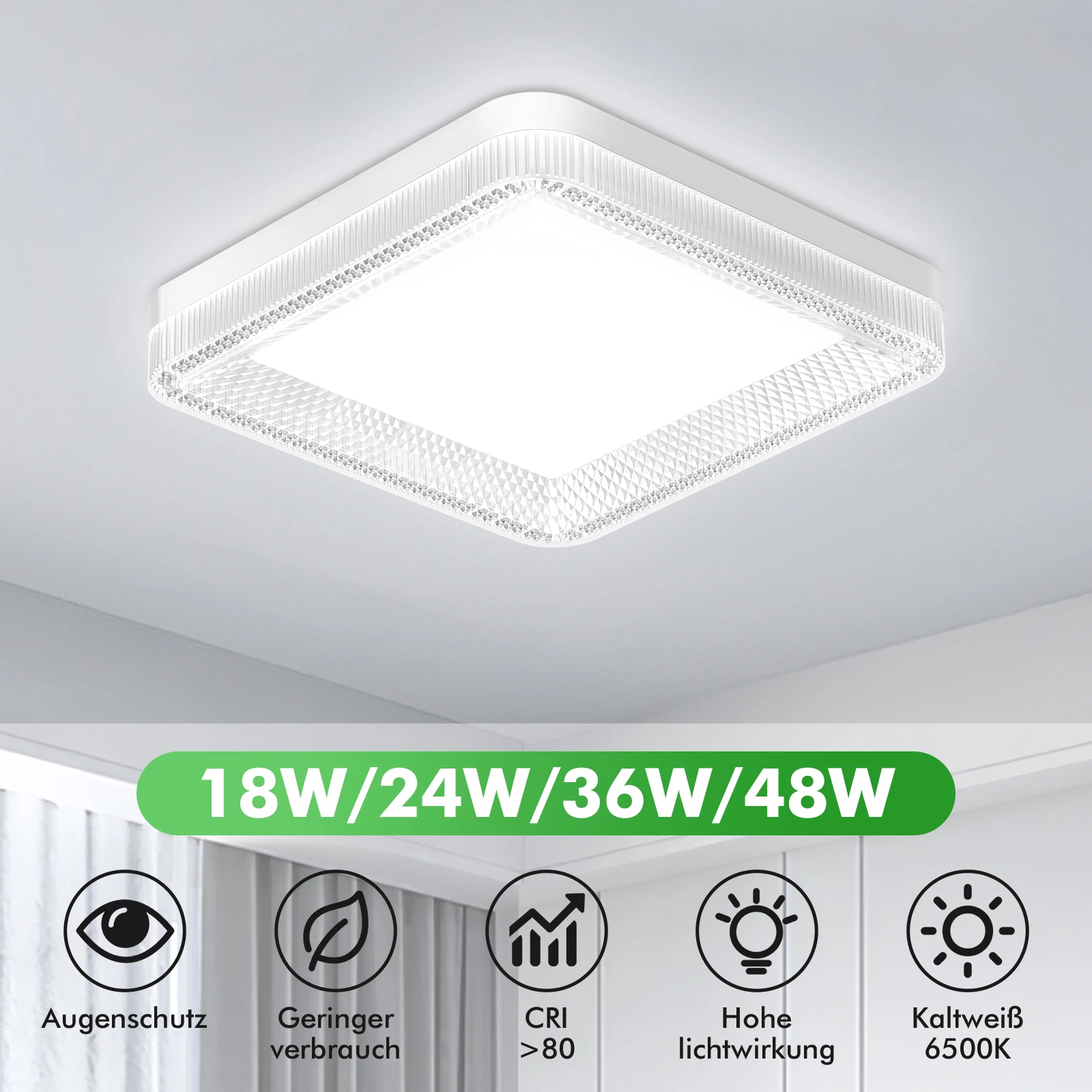 LED-Deckenleuchte, quadratisch, Kristall-Deckenleuchte, 48 W, 36 W, 24 W, 18 W, AC85–265 V, für Schlafzimmer, Badezimmer, Esszimmer, Küche