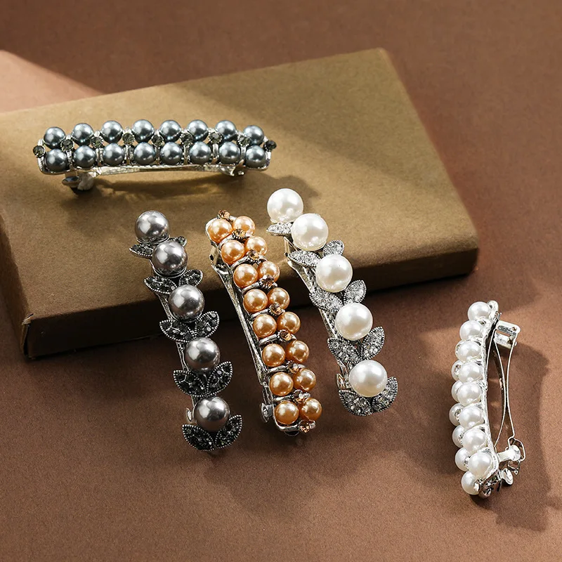 New double-row white pearl zircon spring hairpin vintage exquisite horizontal clip elegant women fashion hair accessories