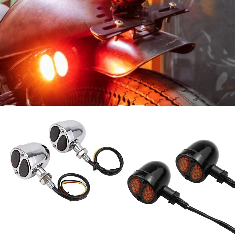 

10mm Motorcycle Metal Retro LED Turn Signal Amber+Red Twin Light Running Brake Lamp Blinker Flashing Light for Harley Honda