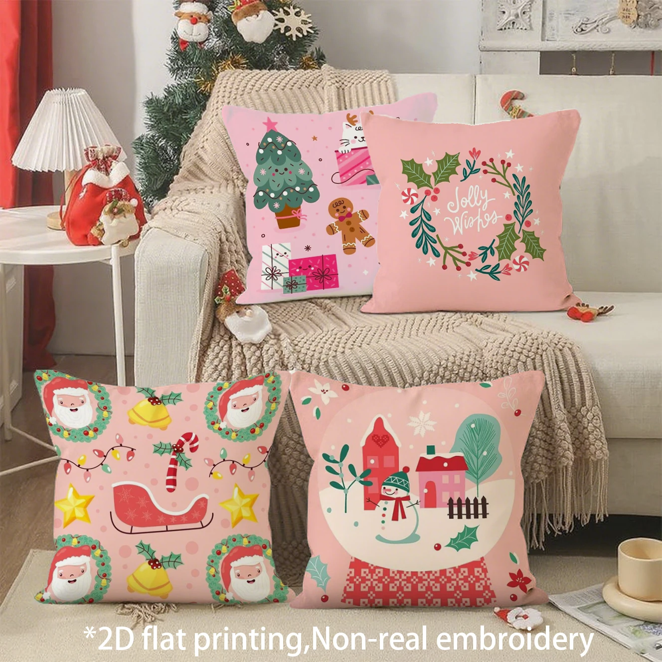 #Christmas Pink Pillow Covers Pattern Cushion Cover Suitable for Sofa Bedroom Car Pillow Cover