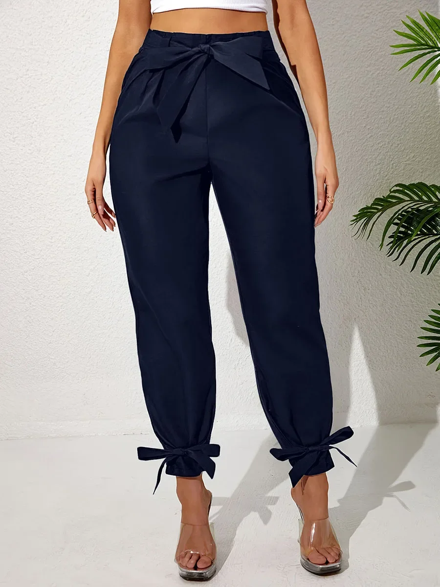 New Casual High Waist Pants for Women Bowknot Pocket Solid Color Loose Long Pant Streetwear Autumn Outfits Lace up Bottom