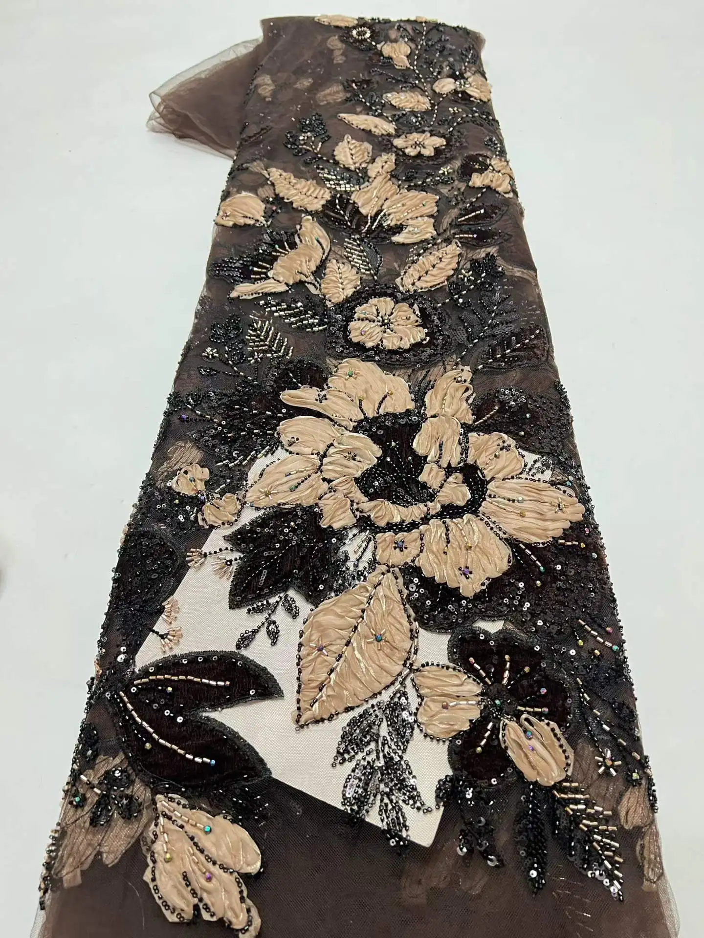 Nigerian Sequins Party Lace Flower Beads Lace Fabric High Quality 5Yards African French Tulle Net Lace Wedding Material Sew