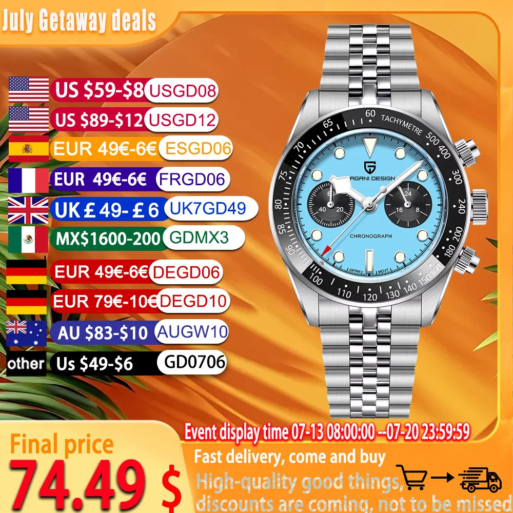 Pagani Design2025 ساعة كرونوغراف جديدة للرجال كوارتز فاخرة AR الياقوت الفولاذ المقاوم للصدأ ساعة رجالي VK34 مقاوم للماء 100 متر