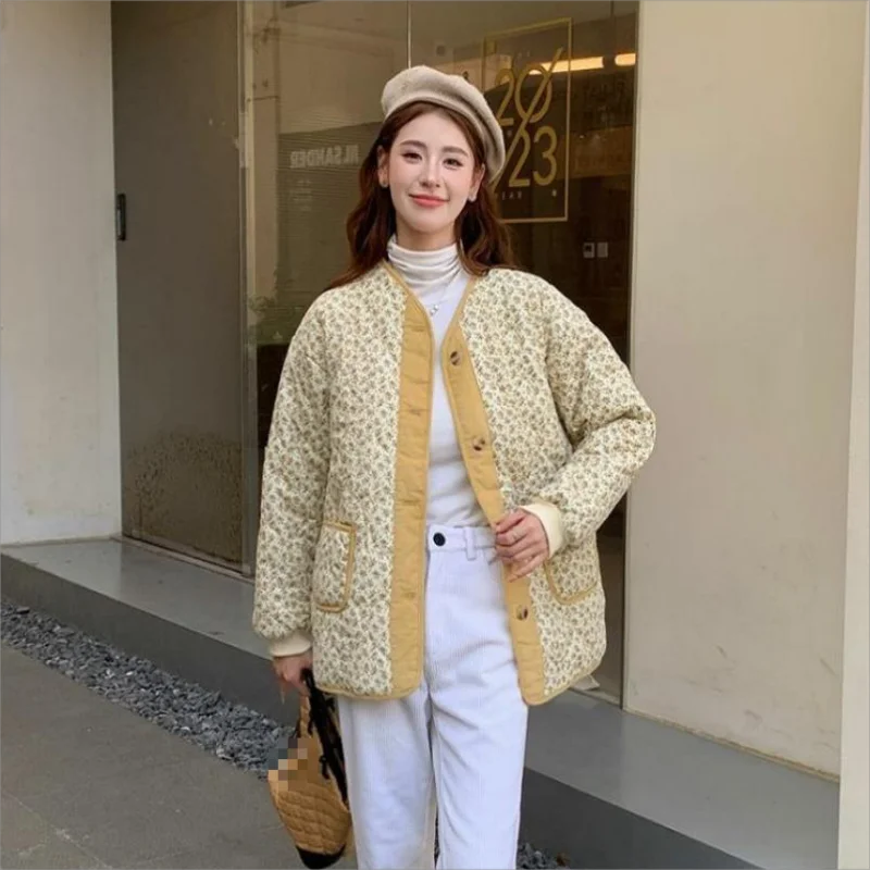 Vintage Yellow Flower Quilted Jacket Women Thick Warm Loose Winter Cotton Padded Coats Korean Single Breasted Parka Outwear