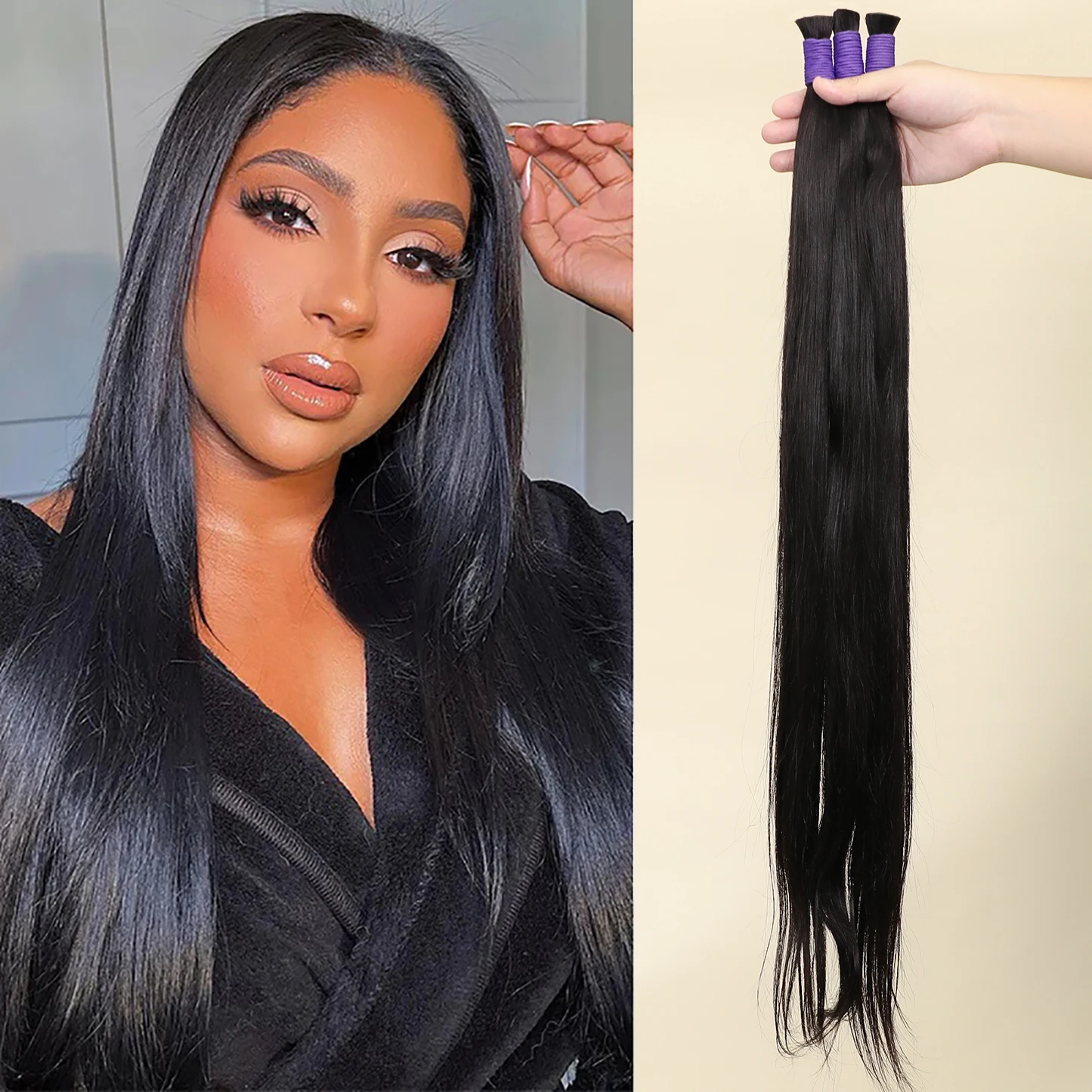 Brazilian Bone Straight Hair Bulk, sem trama para extensões de tranças, Remy Natural Black, 100% cabelo humano, 100g