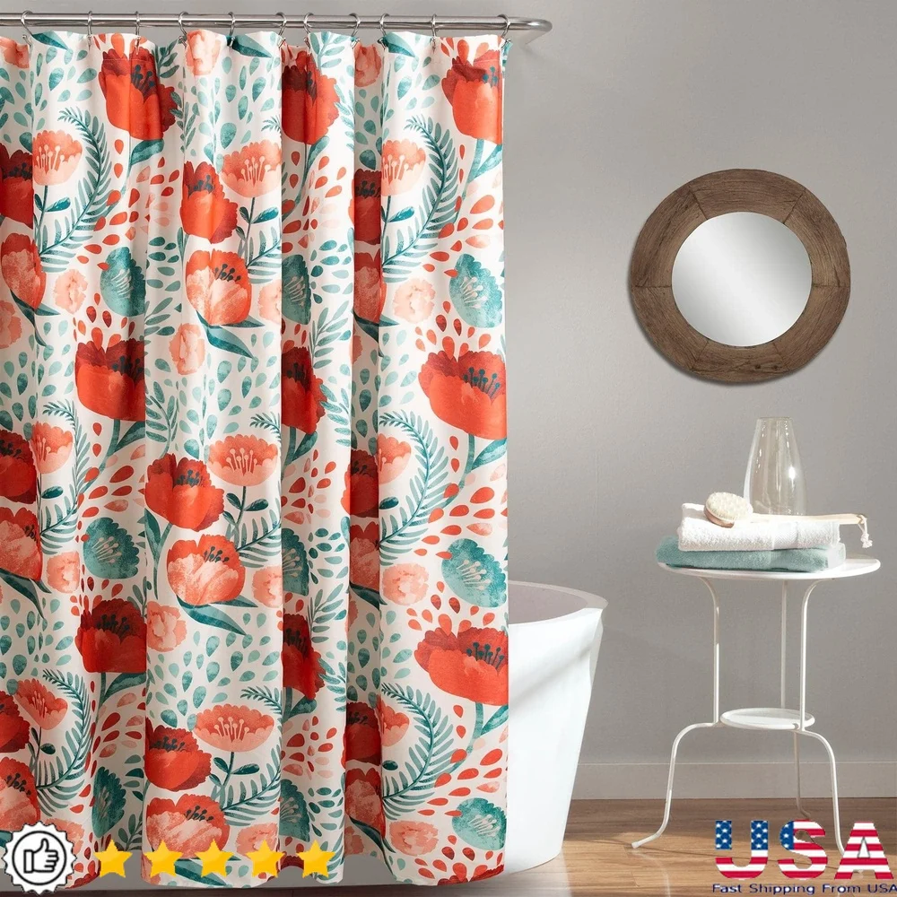 

Красочная занавеска для душа с цветочным принтом 72x72 Poppy Garden Design Водонепроницаемый полиэстер Декор для ванной комнаты Легкий уход Машинная стирка Tumble Dry