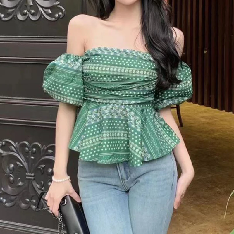 Blusas Mujer De Moda 2023 Sexy Off Shoulder Summer Chiffon Blouse Pullover Women Floral Loose See-though Ruffle Tops