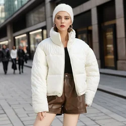 Women Casual Parkas Fall-Winter 2024 Thickened Warm Cropped Down Cotton Jacket Fashion Stand Collar Quilted Rhombus Check Coat