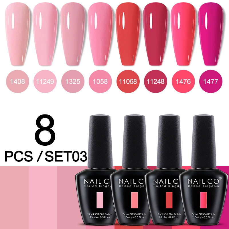 NAILCO 8 Teile/satz Sparkly Rose Rot Lila Gel Nagellack Glitter Semi Permanent Nail art Gel Vernis Für Nägel Maniküre Kits 15 ml