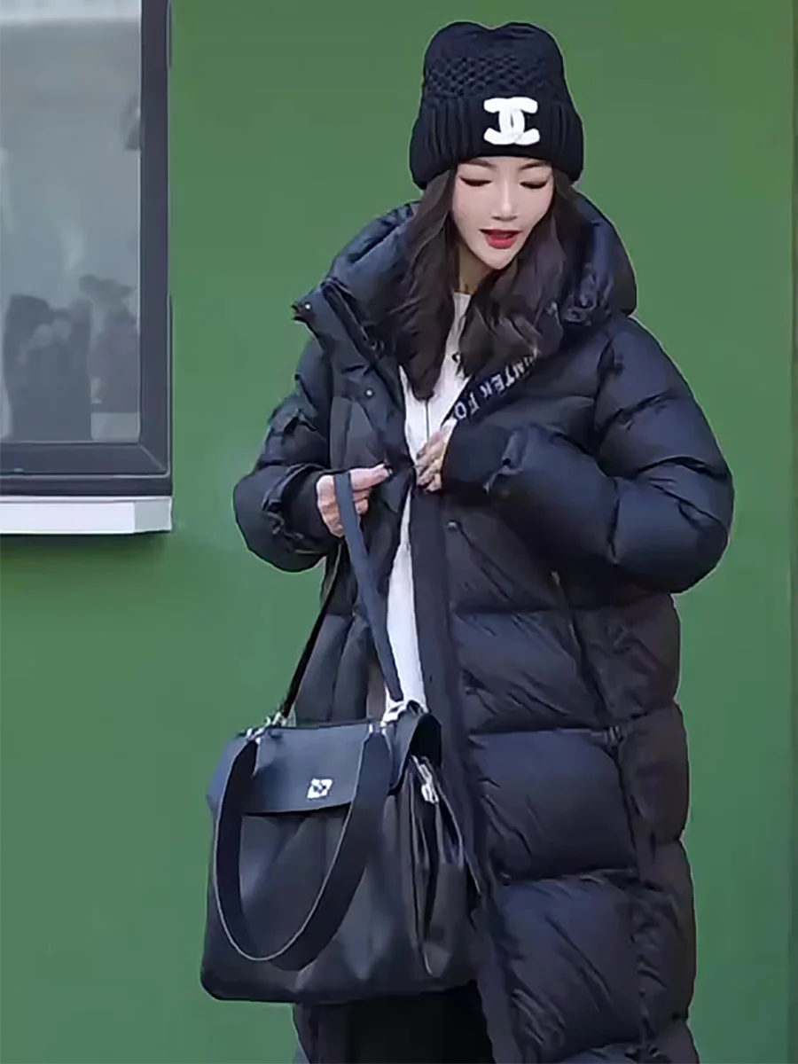 블라 롱 후드 여성용 다운 재킷 화이트 듀 페더 따뜻한 겨울 코트 한국 스타일 캐주얼 핏 지퍼 켓