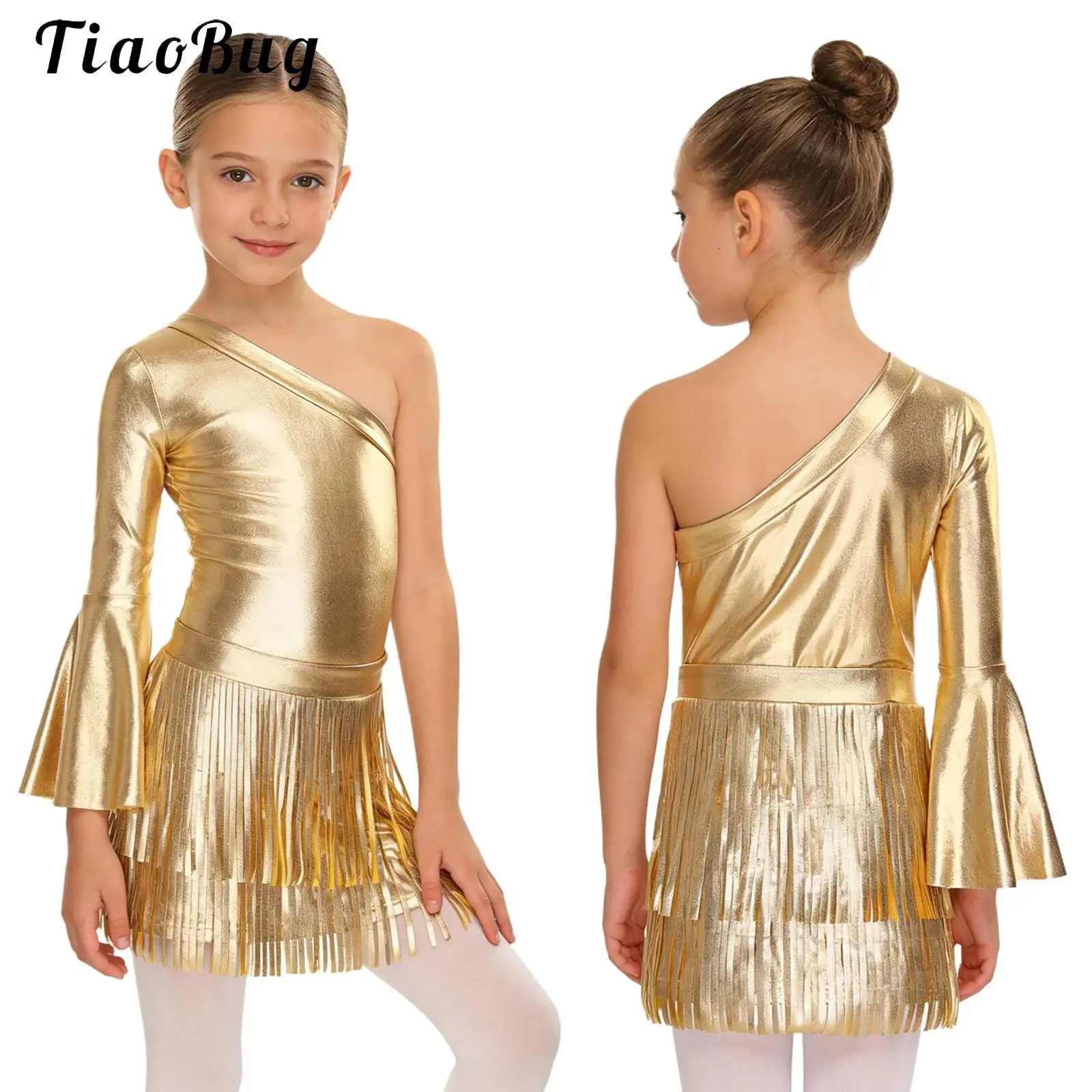 

70S Disco Vintage Jumpsuit Girls Metallic Shiny One Flare Sleeve Bodysuit with Fringed Skirt Jazz Dance Western Cowgirl Costume