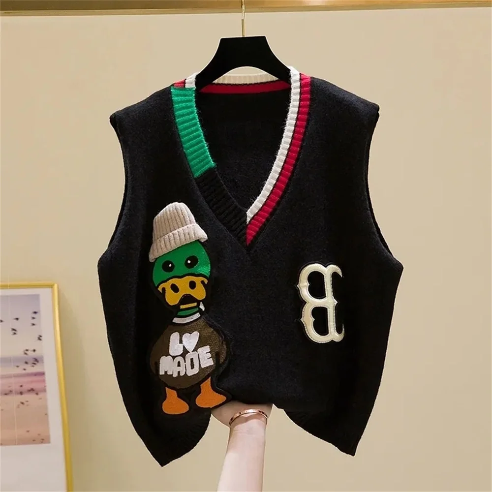 Cartoon Duck Embroidery Vintage V-Neck Knitted Sweaters Women Vest Korean Fashion Sleeveless Pullover Sweater Woman Winter 2023