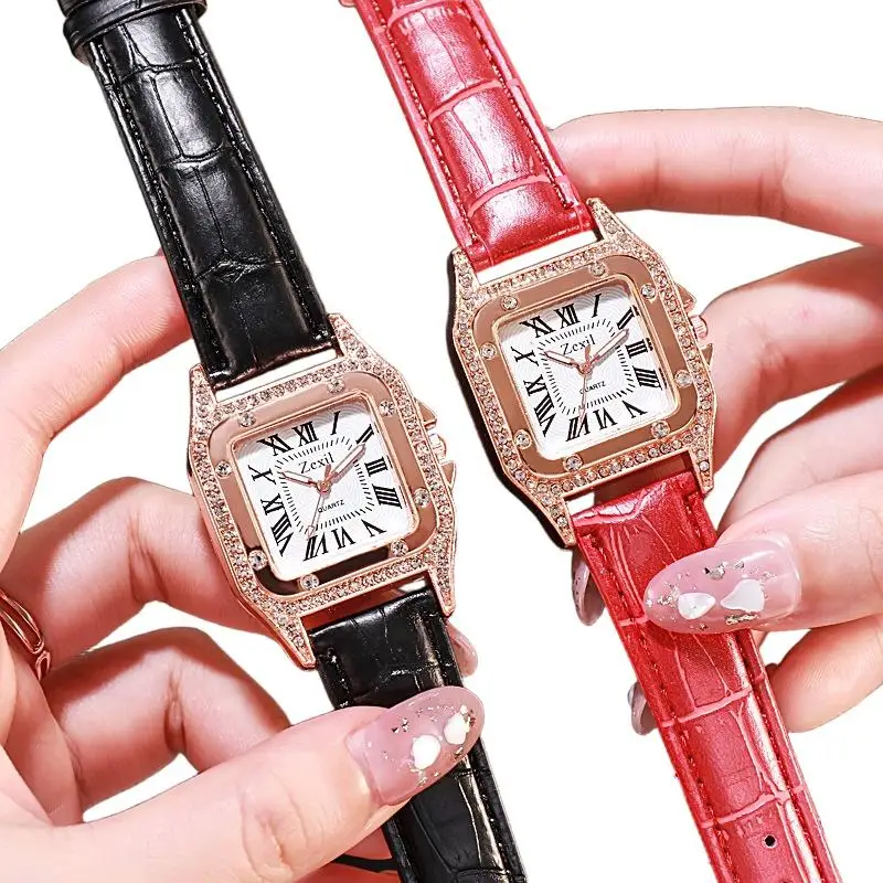 Rose Gold Diamond Studded Square Women Quartz Watch with Roman Numeral Dial and Luxurious Leather Strap for Elegant Ladies Wrist