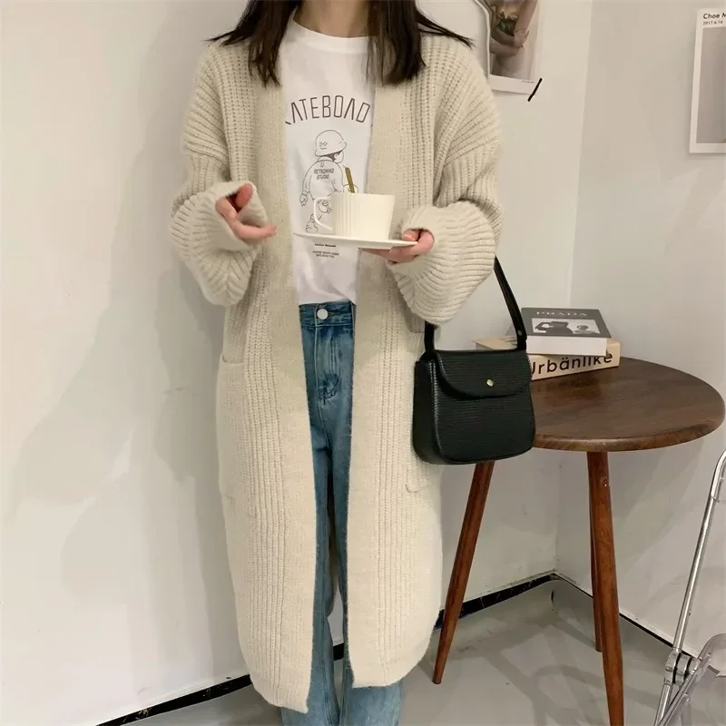 2023 Women Solid Full Sleeve Sweaters Long Coats V Neck Knitted Thick Mid Length Cardigan Splice Loose Casual Autumn Winter