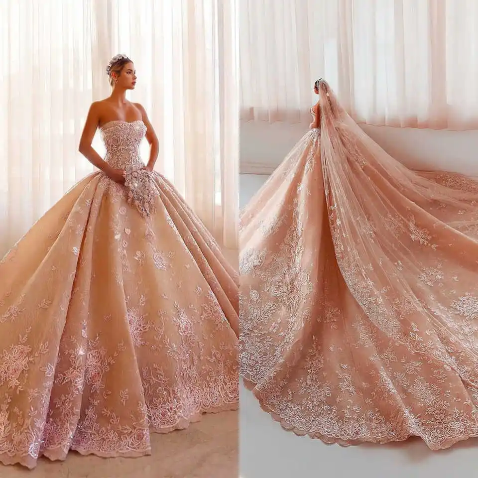 

Gorgeous Ball Gowns With Veil Appliques Beaded Sequins Strapless Wedding Dress Lace Sweep Train Customized Bridal Dresses