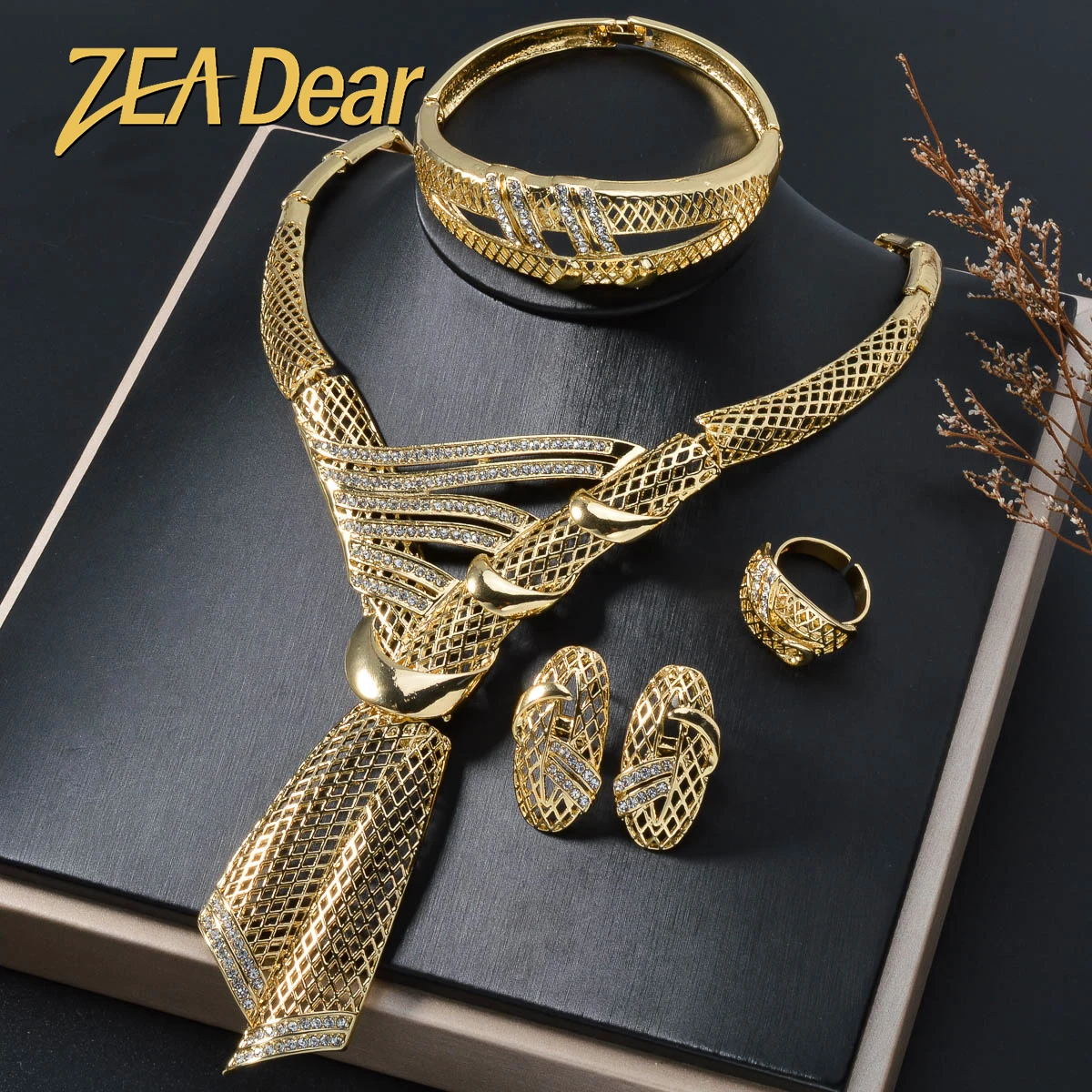 ZEADear Elegant Necklace Chic Ring Metal Bangle New Earrings Gold Color Jewelry Sets for Bridal Wedding Free Shipping