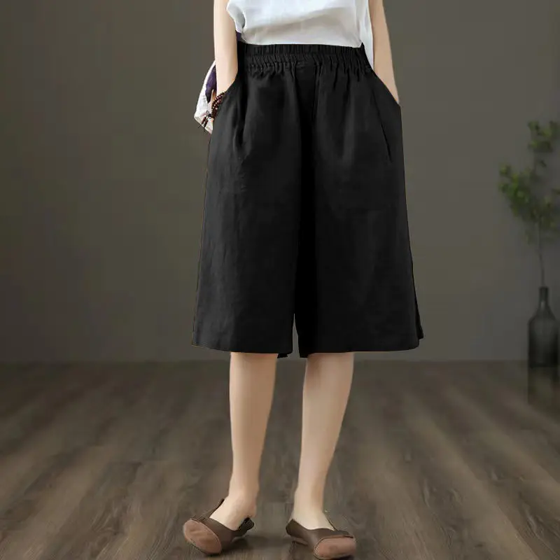 Women Summer Thin Simplicity Trend Loose Large Size Solid Color High Waist Wide Leg Women Clothes Casual Elegant Quarter Shorts