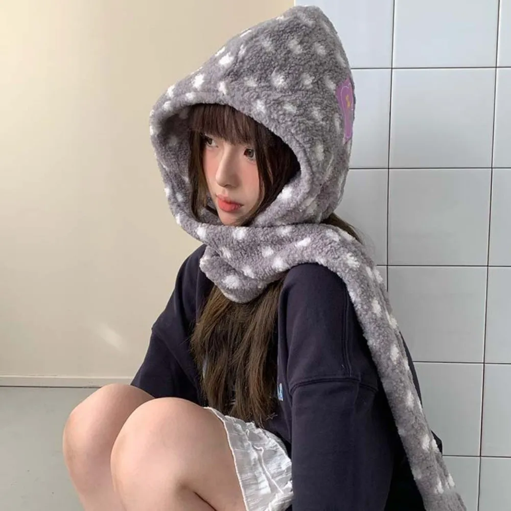 Integrated Design Hooded Scarf Hat Thermal Fabric Soft Fluffy Polka Dot Beanie Windproof Loose Fit Plush Balaclava Cap