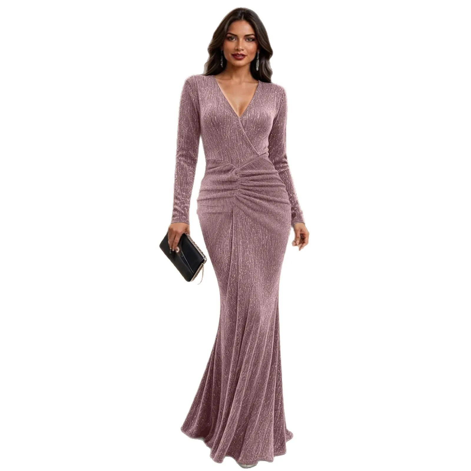 Long Sleeve V Neck Dress Maxi Length Elegant Style with Fitted Waist Date Luxury Style Long Sleeves Pleated Dress for Women