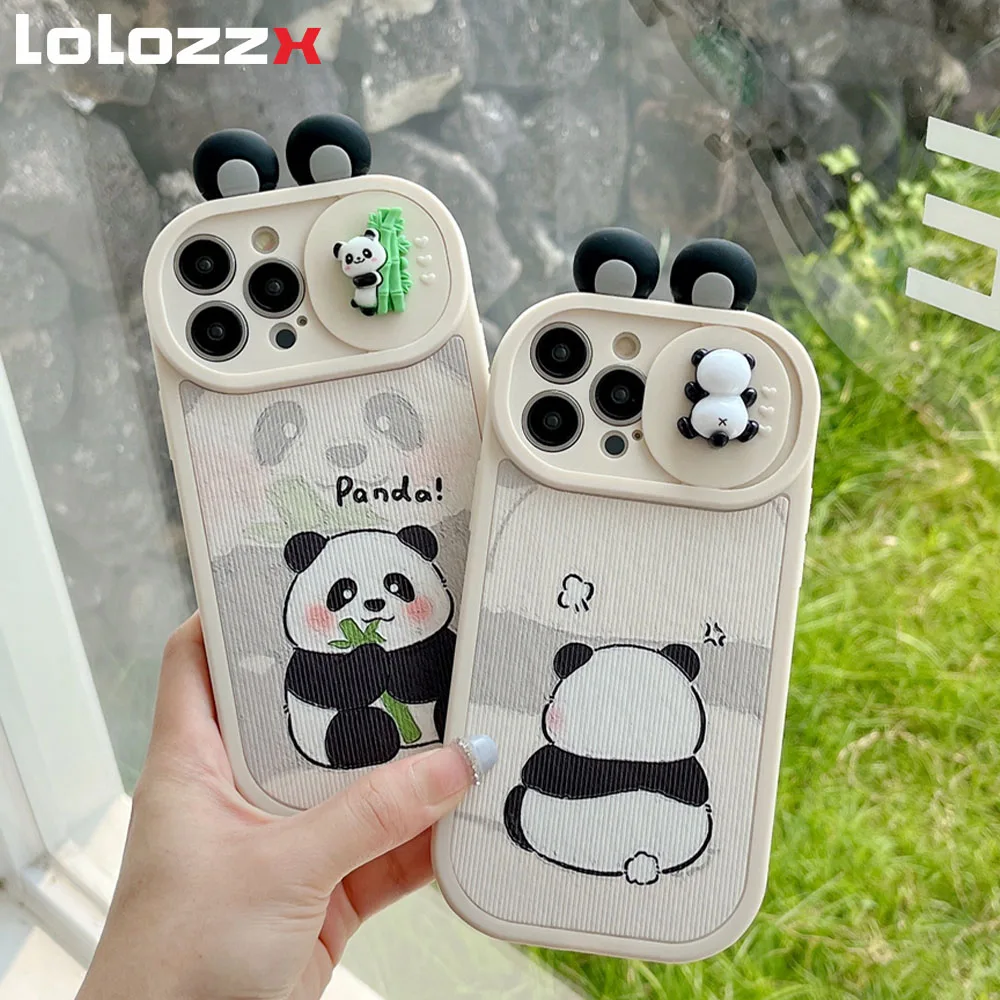 Ins 3D Panda Slide Camera Protection Silicone Phone Case For iPhone 16 14 12 13 15 Pro Max 11 Cartoon Ears Shockproof Back Cover