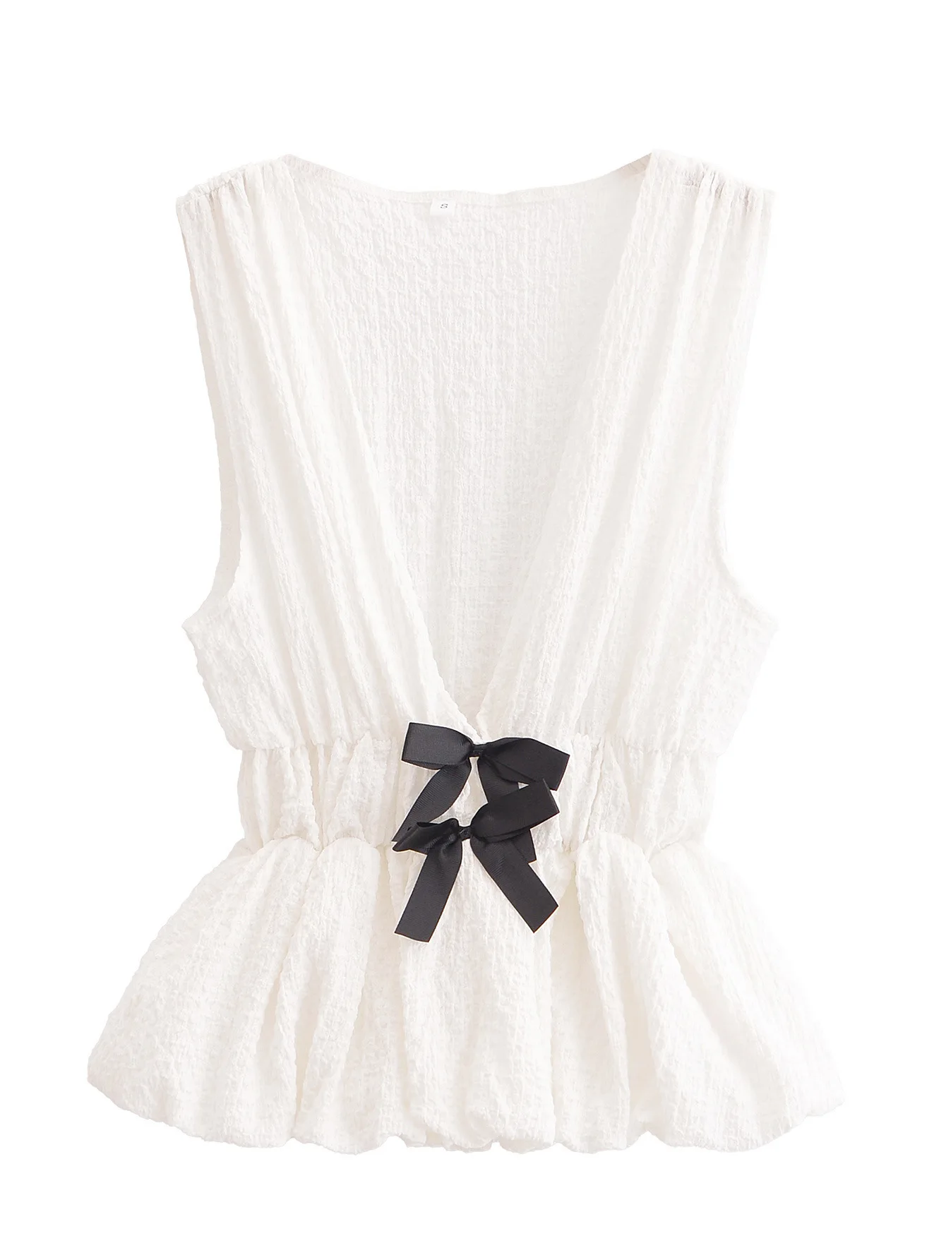 Women's Deep V-Neck Cami Top​​ with Contrast Bow Tie Detail Elastic Waist Bubble Hem Sleeveless Blouse Summer Sweet Crop Top
