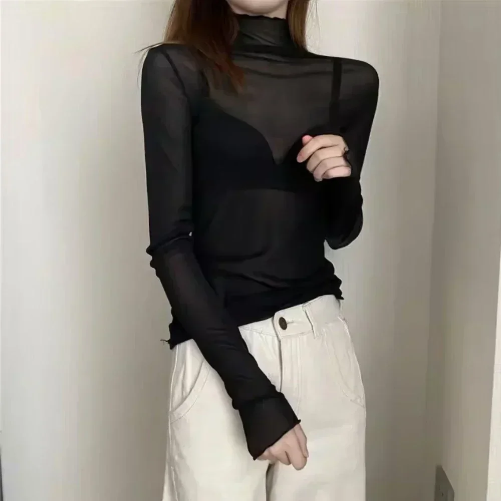 High Neck Sheer Mesh Top Women Clothing Long Sleeve Turtleneck T-shirt Korean Sexy See Through Black White Beige Shirt New image 6