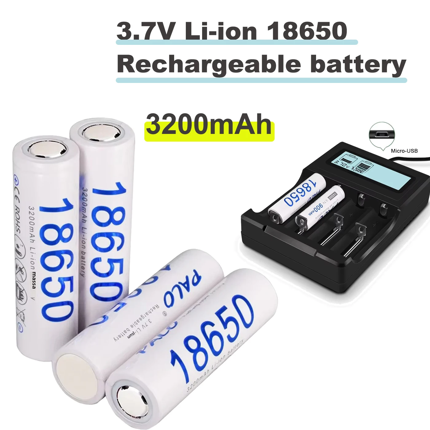 3200 mAh PALO 18650 Lithium-Akku, wiederaufladbar, 3,7 V, für Stirnlampen/Taschenlampen/Spielzeug/Powerbanks usw. + 4-fach-LCD-Ladegerät