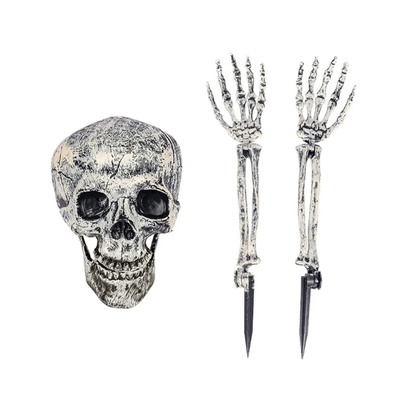 

N7MD Spooky Hand and Head Set Scary Plastic Skull Skeleton Decors Realistic Bones