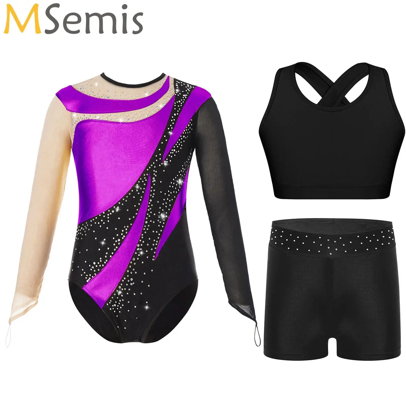 

3Pcs/Set Kids Girls Gymnastics Dance Outfit Mesh Long Sleeve Leotard with Vest and Shorts Set Ballet Dancer Jersey Costume