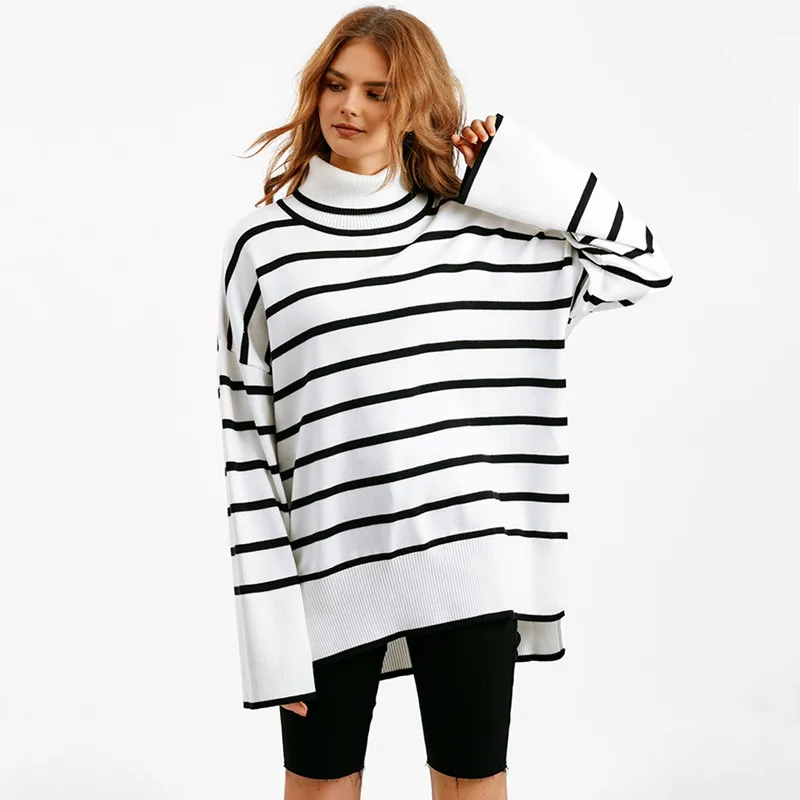 

Women's Winter Sweater 2024 Ladies Knitwear High Collar Long Sve Striped Polyester Fiber Loose Fit Commute Sle Sweater