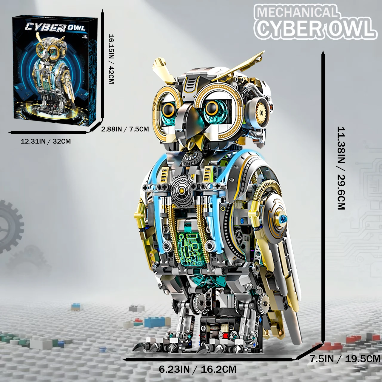 Steampunk Style Animal Building Blocks Featuring an Owl with Articulated Joints and Light up Function Ideal for Tabletop Display