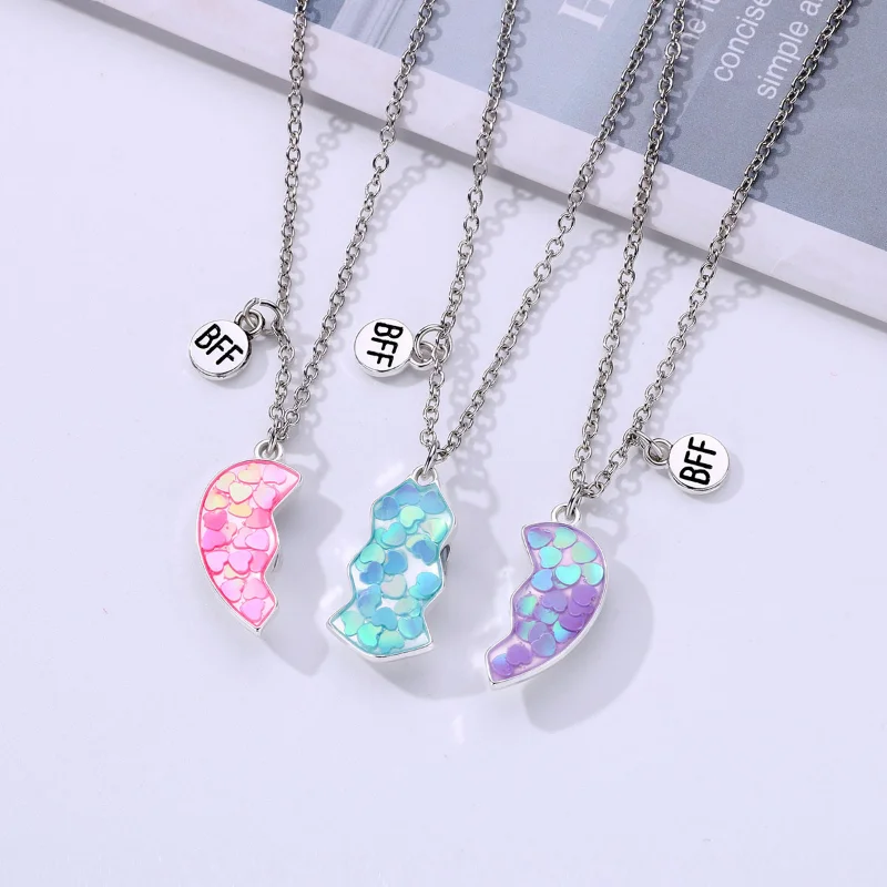 Karsyngirl 3Pcs/set Peach Sequin Broken Heart Best Friend Pendant Necklace for Girls  Fashion Friendship Gifts