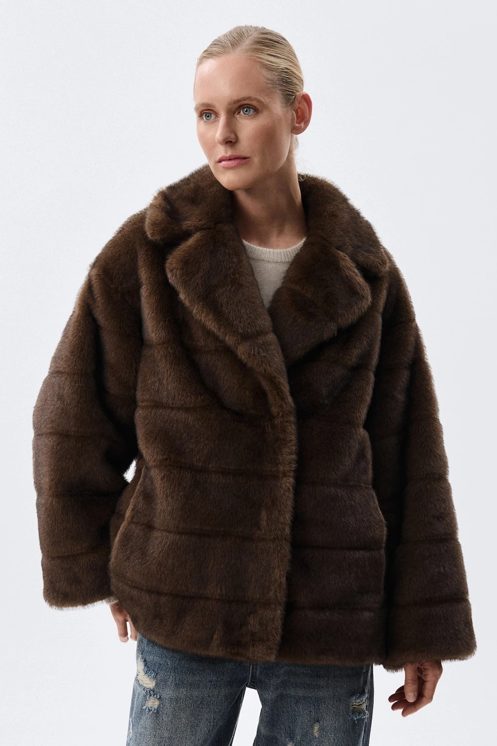 IG 2026 Women Notched Lapel Faux Mink Fur Coat Mid Length Loose Long Sleeve Elegant Luxury Warm Winter Fashion Outer Jacket