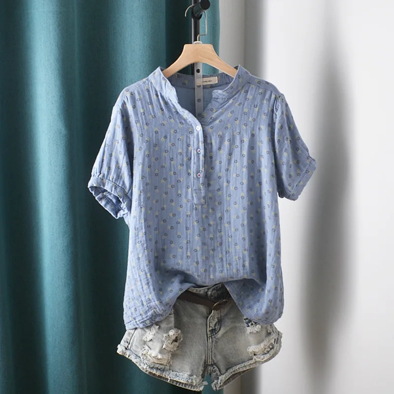 

Enianechu Summer Short Sleeve Tops Japan Style Cotton Yarn Yellow Pink Navy Blue Coffee Print Shirts and Blouses for Women