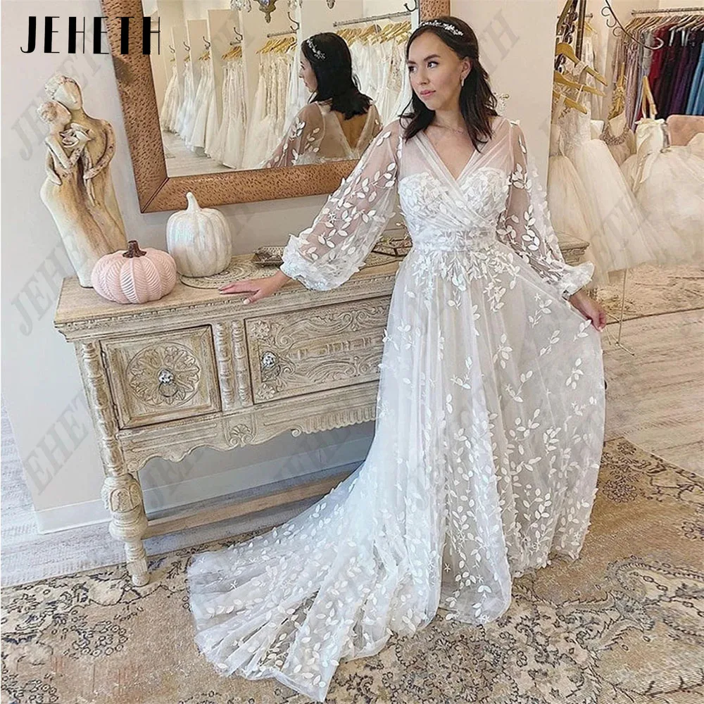 

JEHETH Exquisite Wedding Dressses Puff Long Sleeves Double V-Neck Bride Gowns Lace Applique A-Line Tulle vestidos de novia