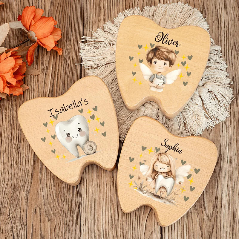 

Коробка на память для зубов на заказ, подарок для детского душа, коробка для хранения первых стрижек и зубов, персонализированный подарок, деревянная коробка для зубной феи