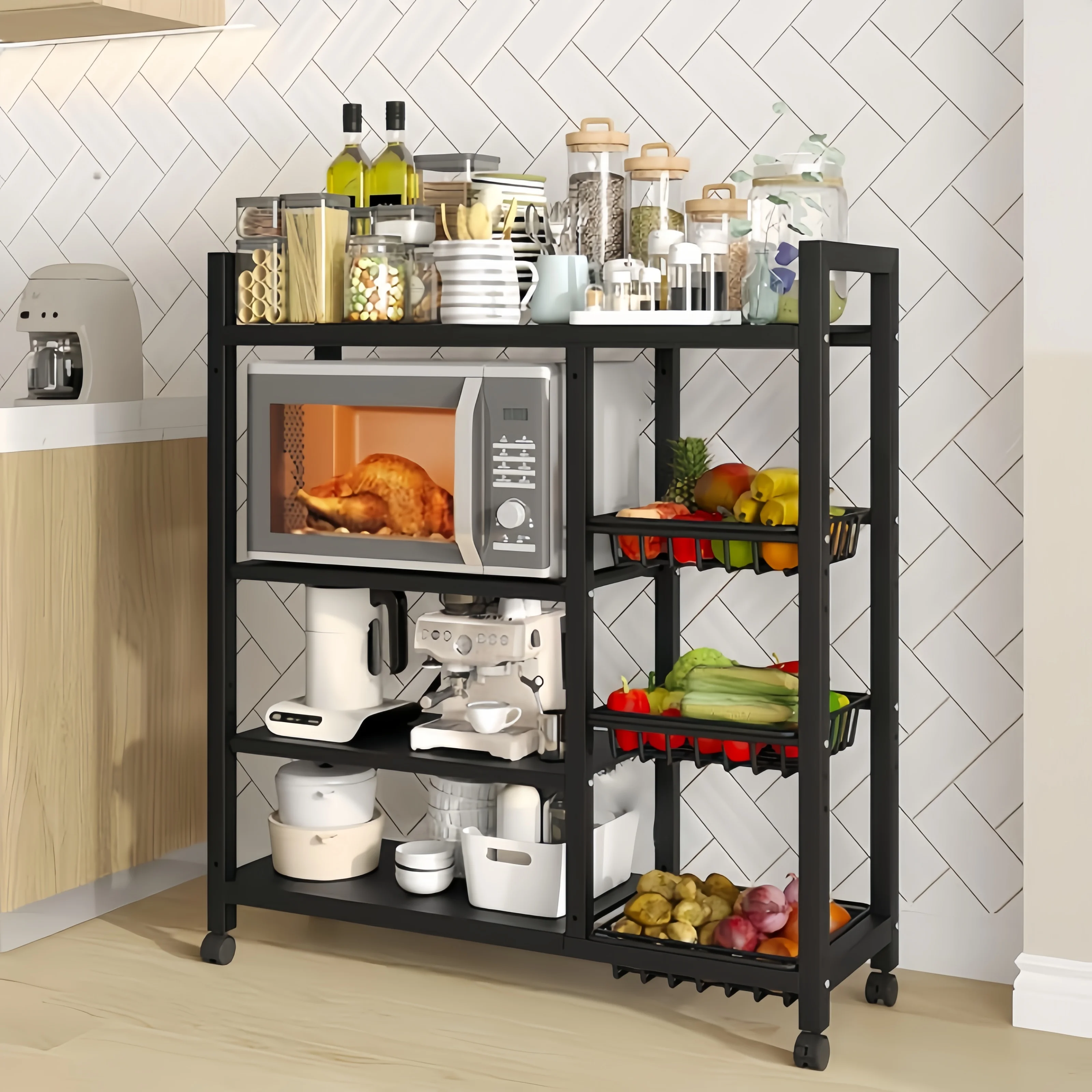 

Multi-functional removable cabinet storage rack, 4 layers of black metal rack, multi-layer vegetable and fruit storage rack