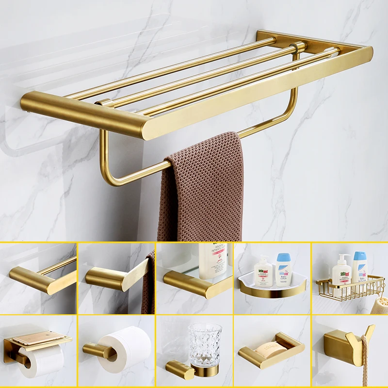 

Nordic light luxury brushed gold stainless steel bathroom rack towel towel rack bathroom pendant set GY166