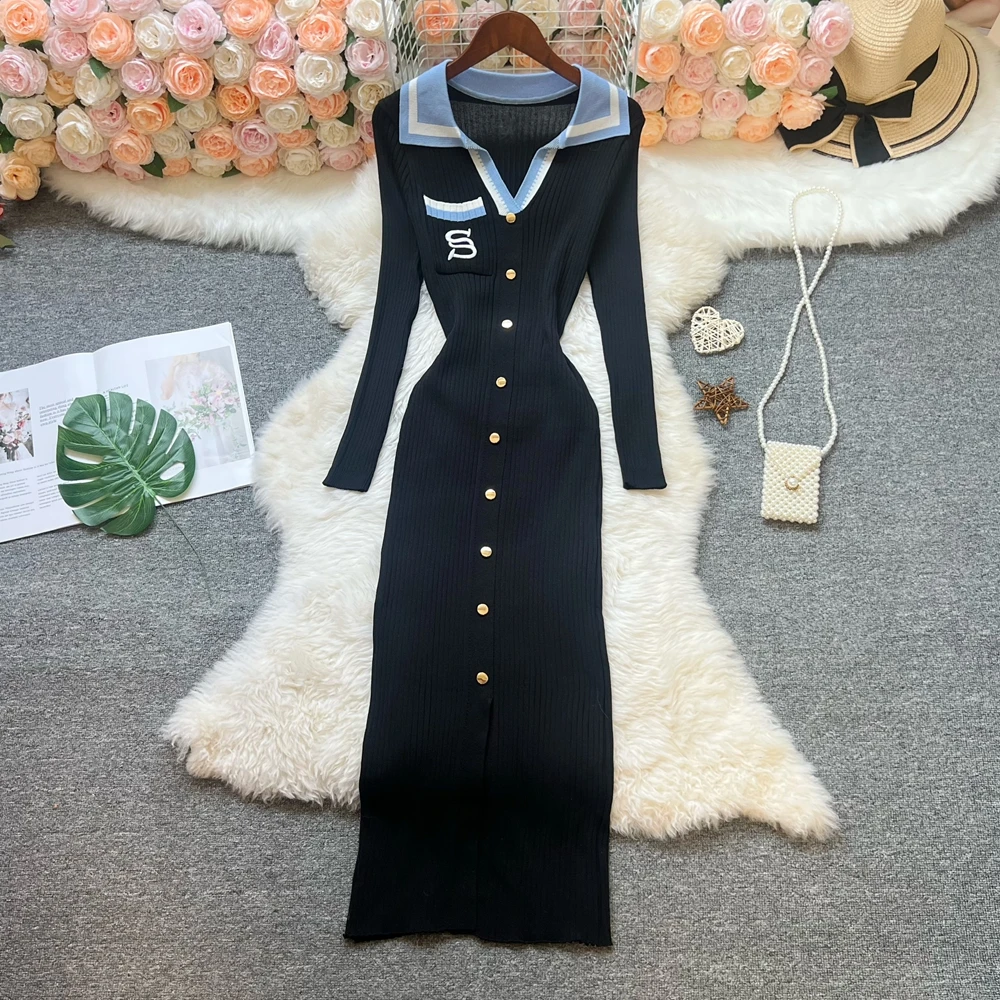 YuooMuoo Chic Fashion Sexy Wrap Hips Knitted Maxi Dress Women Brand Fashion Embroidery Long Sleeve Sweater Dress Autumn Vestido