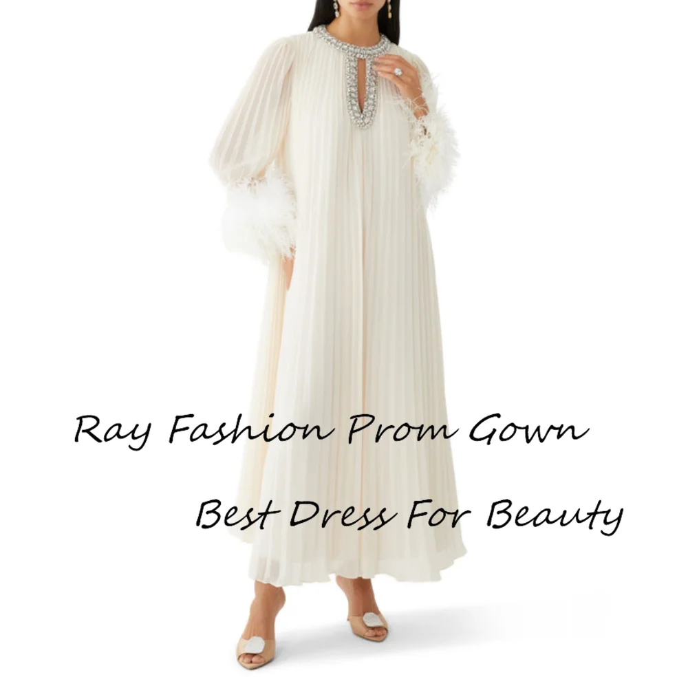 Ray Fashion A Line Evening Dress O Neck With Long Sleeves Tiered Crystal For Women Formal Occasion فساتين سهرة Saudi Arabia